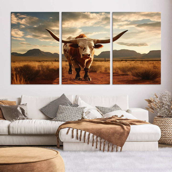 Cow Bighorn Wall Art Canvas Print, Longhorn Texas Large Cow Animal Canvas Print