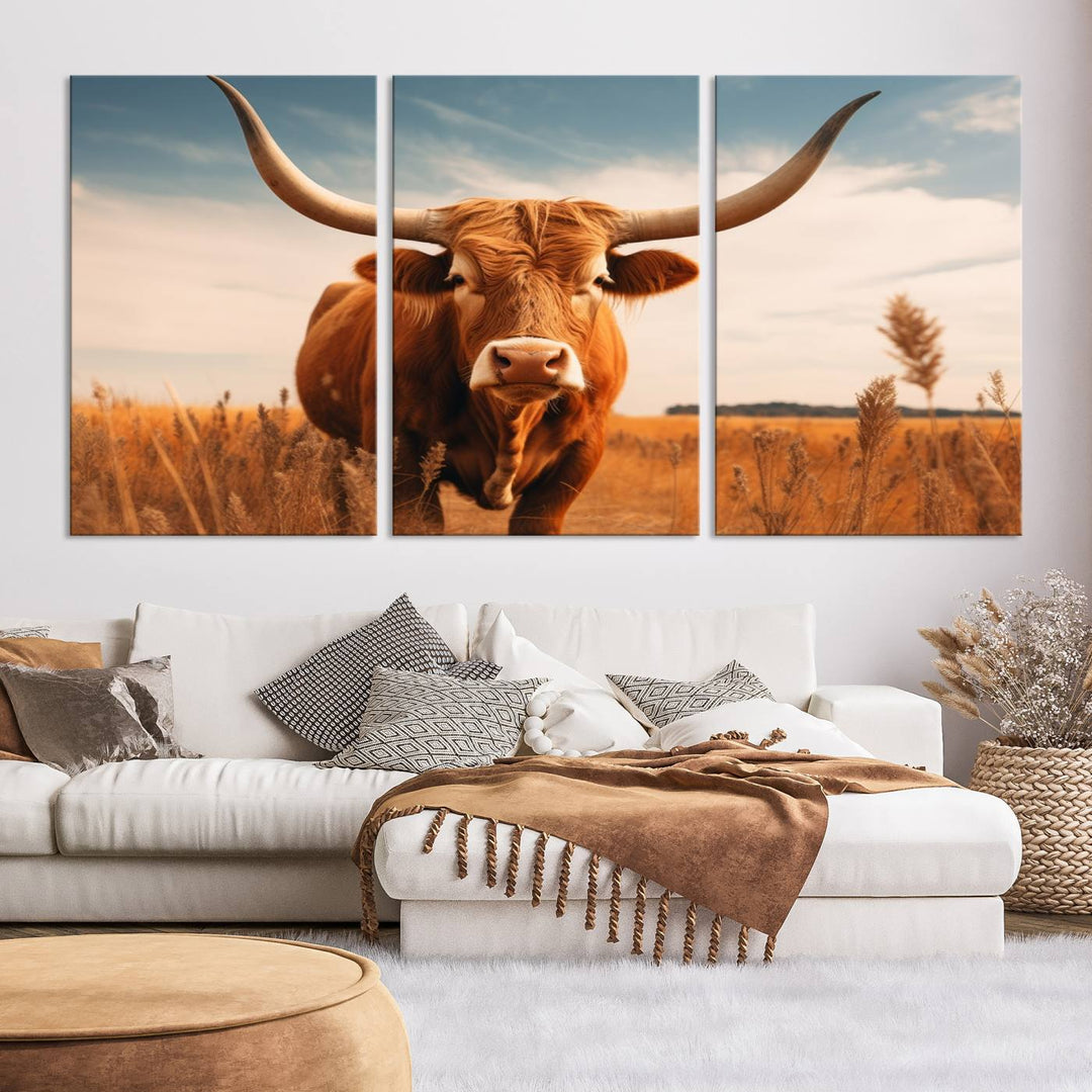 Cow Bighorn Wall Art Canvas Print, Longhorn Texas Large Cow Animal Canvas Print