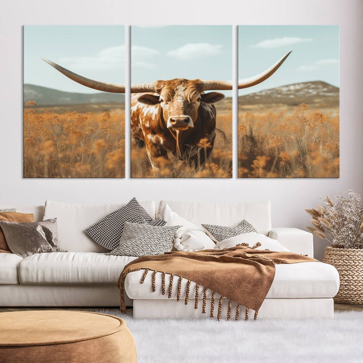 Cow Bighorn Wall Art Canvas Print, Longhorn Texas Large Cow Animal Canvas Print