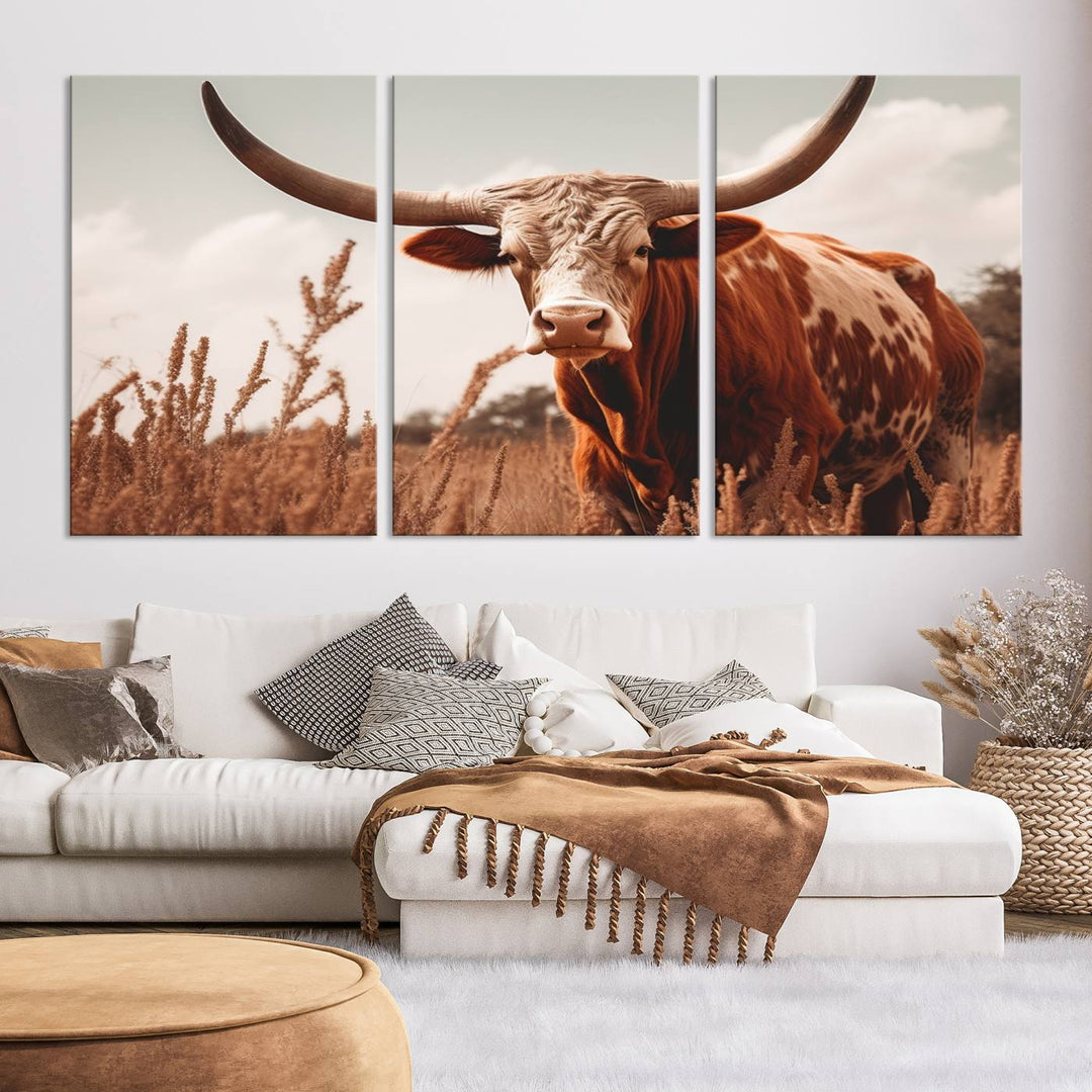 Cow Bighorn Wall Art Canvas Print, Longhorn Texas Large Cow Animal Canvas Print