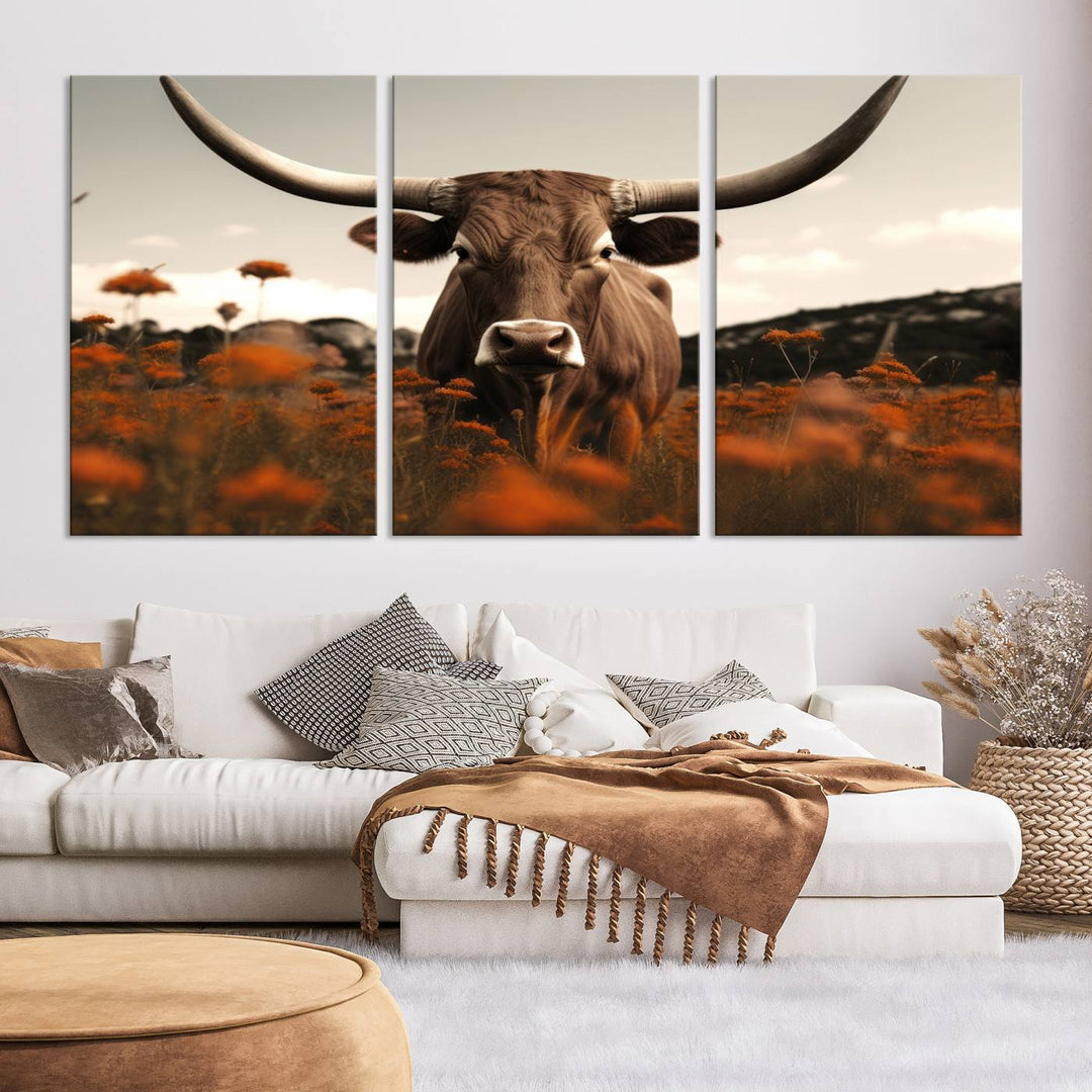 Cow Bighorn Wall Art Canvas Print, Longhorn Texas Large Cow Animal Canvas Print