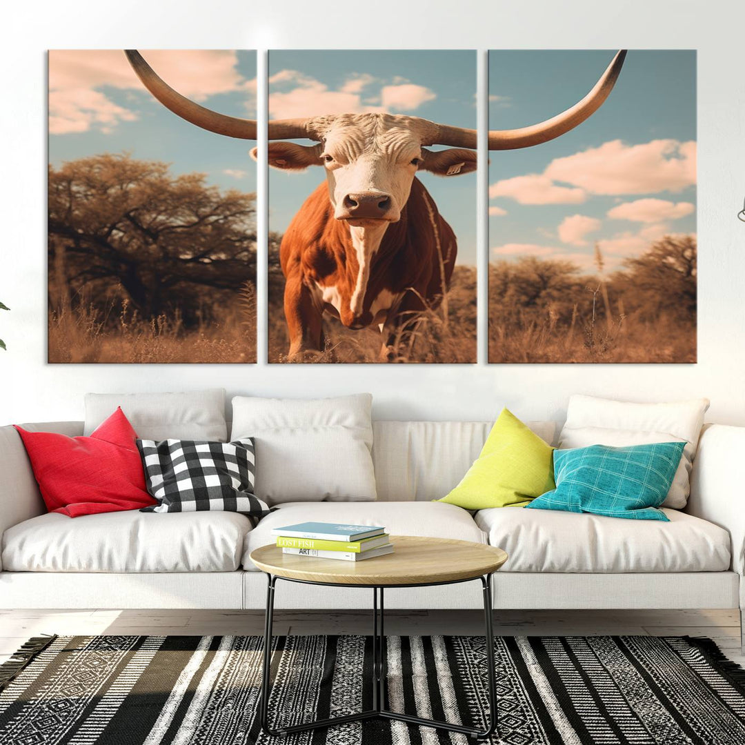 Cow Bighorn Wall Art Canvas Print, Longhorn Texas Large Cow Animal Canvas Print