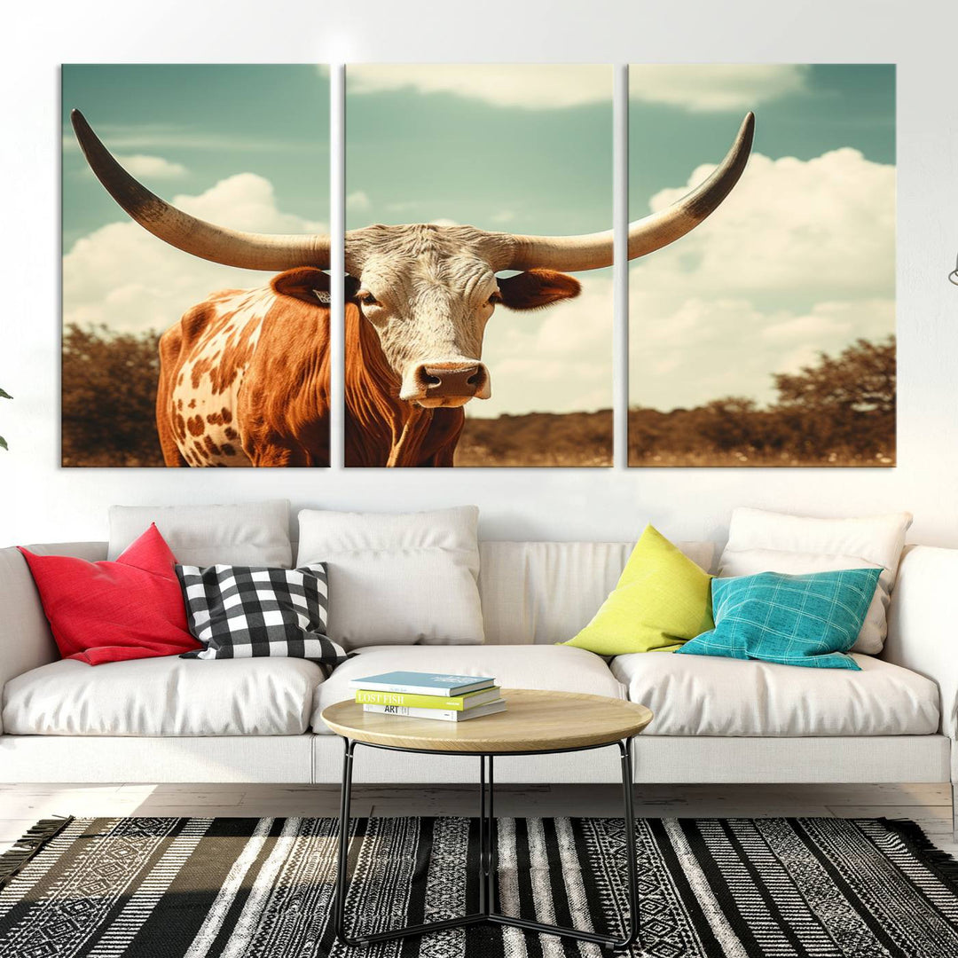 Cow Bighorn Wall Art Canvas Print, Longhorn Texas Large Cow Animal Canvas Print