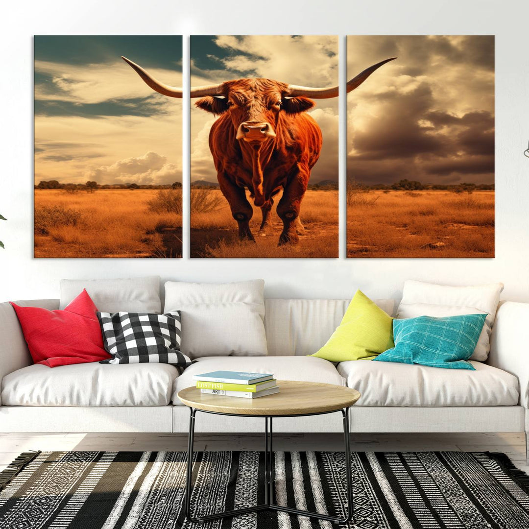 Cow Bighorn Wall Art Canvas Print, Longhorn Texas Large Cow Animal Canvas Print