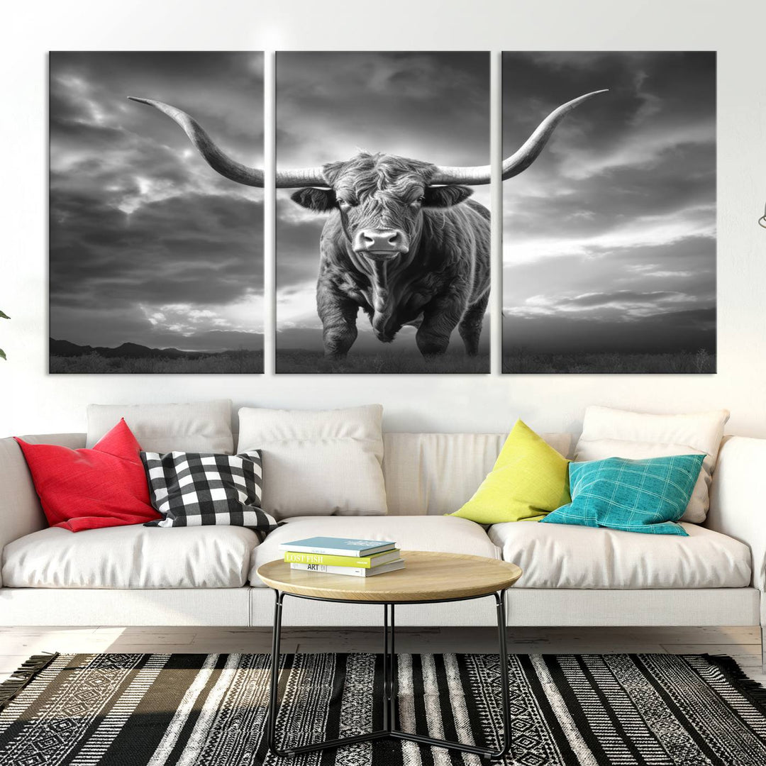 Cow Bighorn Wall Art Canvas Print, Longhorn Texas Large Cow Animal Canvas Print