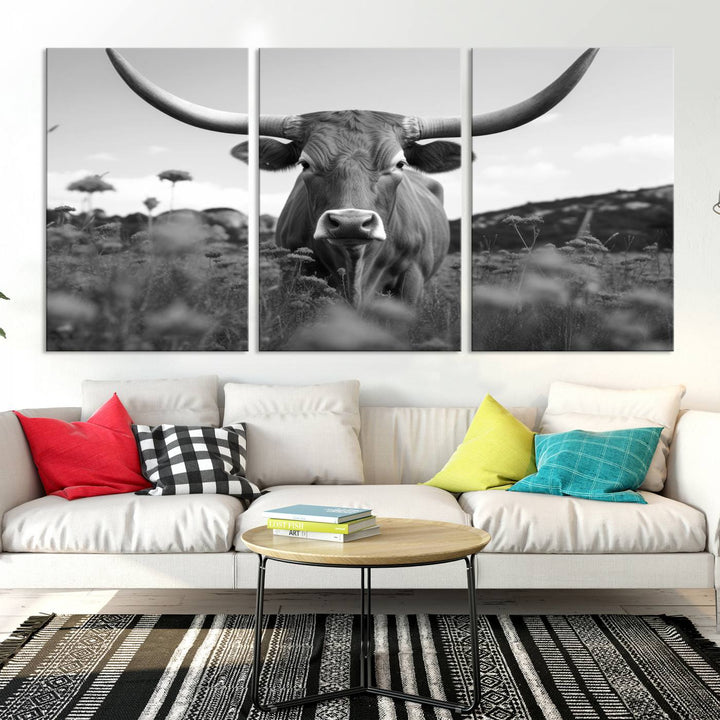 Cow Bighorn Wall Art Canvas Print, Longhorn Texas Large Cow Animal Canvas Print