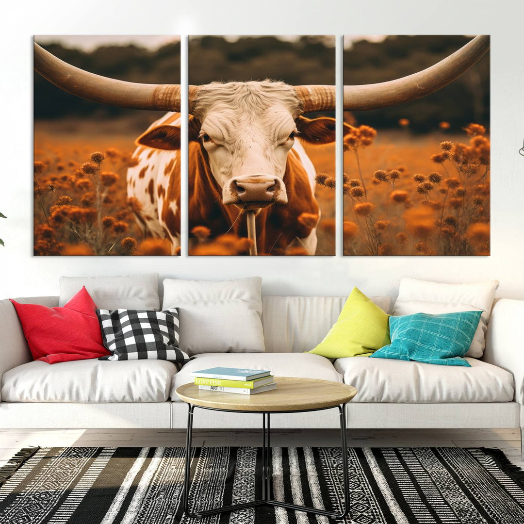 Cow Bighorn Wall Art Canvas Print, Longhorn Texas Large Cow Animal Canvas Print