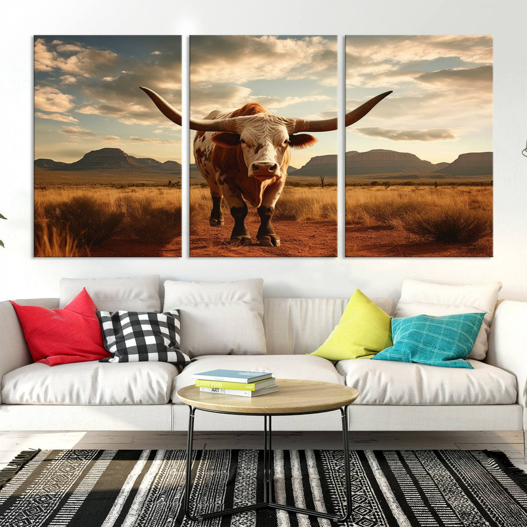 Cow Bighorn Wall Art Canvas Print, Longhorn Texas Large Cow Animal Canvas Print