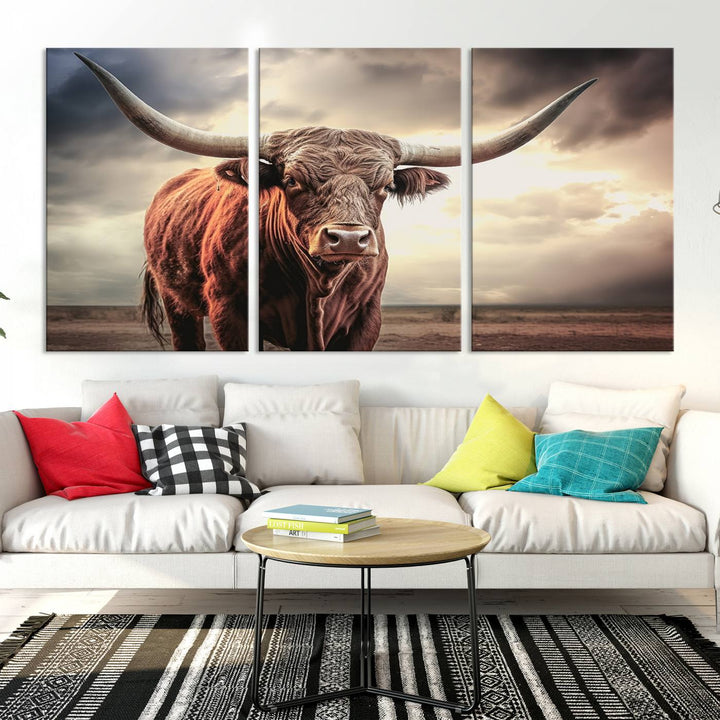 Cow Bighorn Wall Art Canvas Print, Longhorn Texas Large Cow Animal Canvas Print