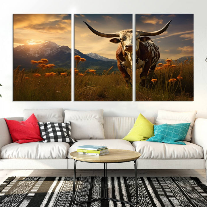 Cow Bighorn Wall Art Canvas Print, Longhorn Texas Large Cow Animal Canvas Print