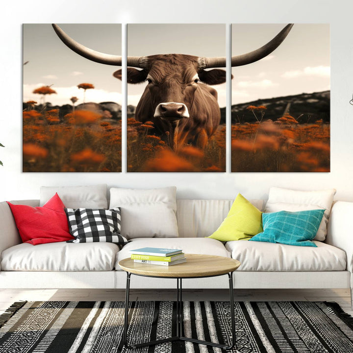 Cow Bighorn Wall Art Canvas Print, Longhorn Texas Large Cow Animal Canvas Print