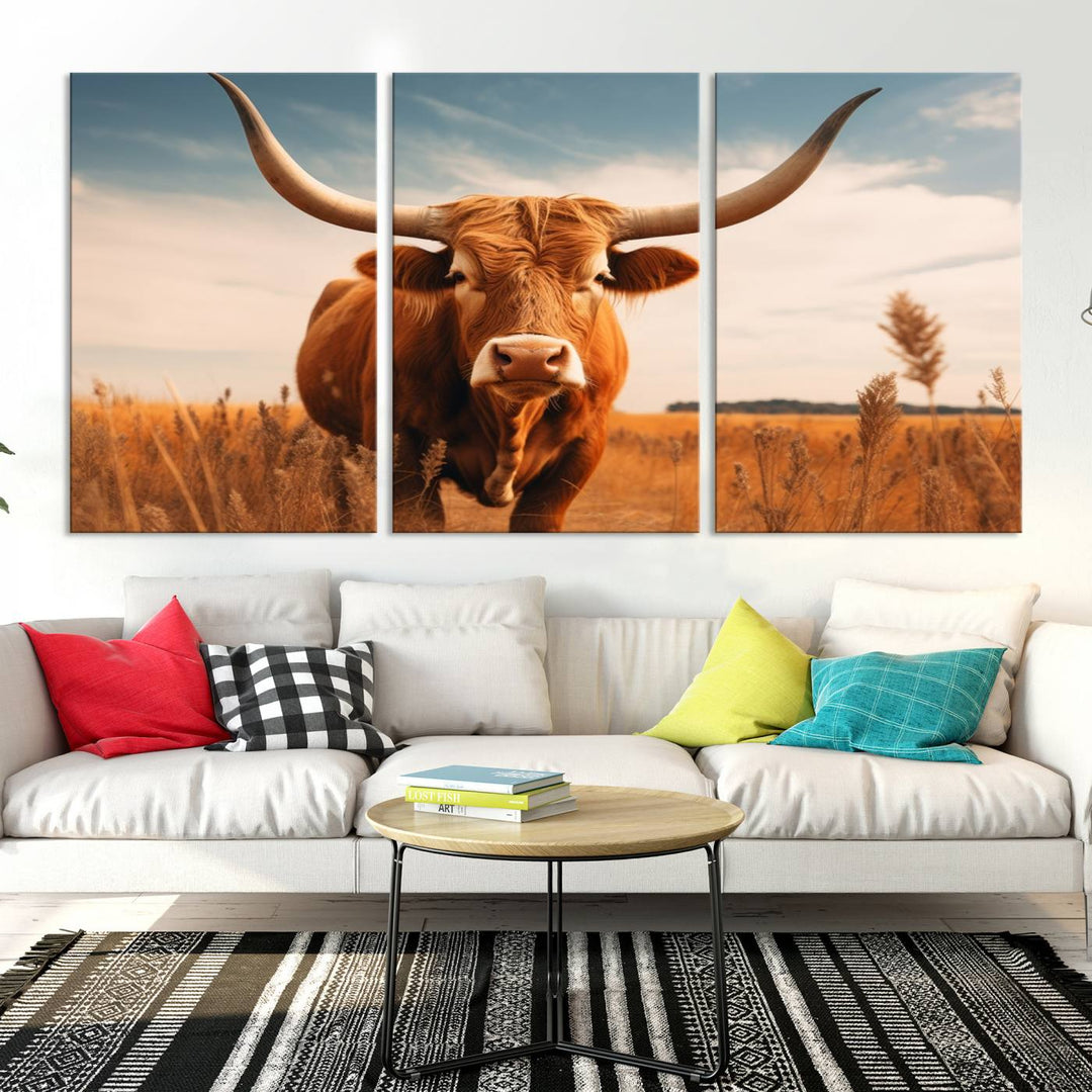 Cow Bighorn Wall Art Canvas Print, Longhorn Texas Large Cow Animal Canvas Print