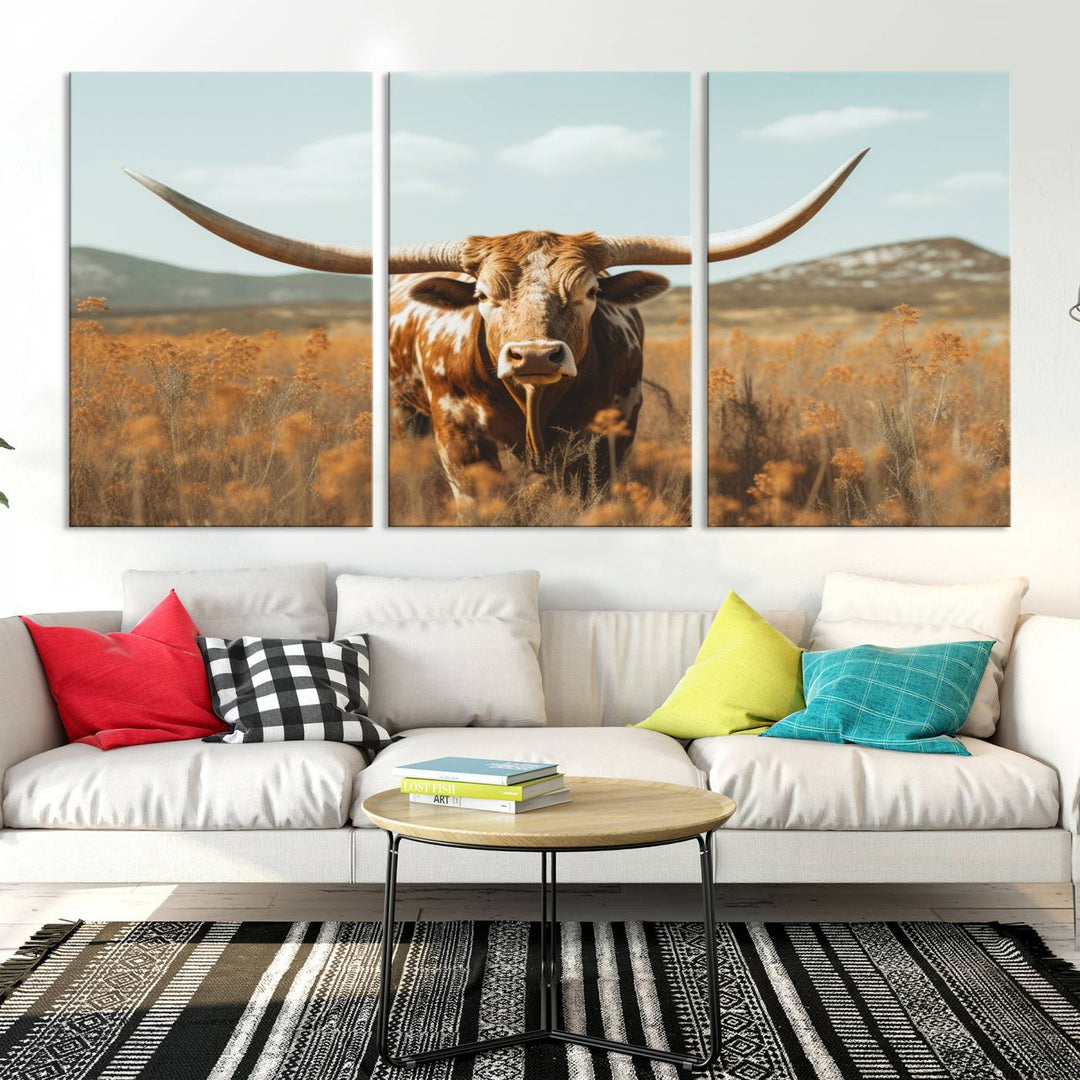 Cow Bighorn Wall Art Canvas Print, Longhorn Texas Large Cow Animal Canvas Print