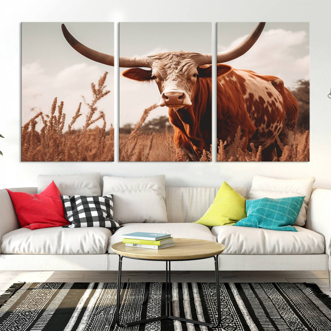 Cow Bighorn Wall Art Canvas Print, Longhorn Texas Large Cow Animal Canvas Print