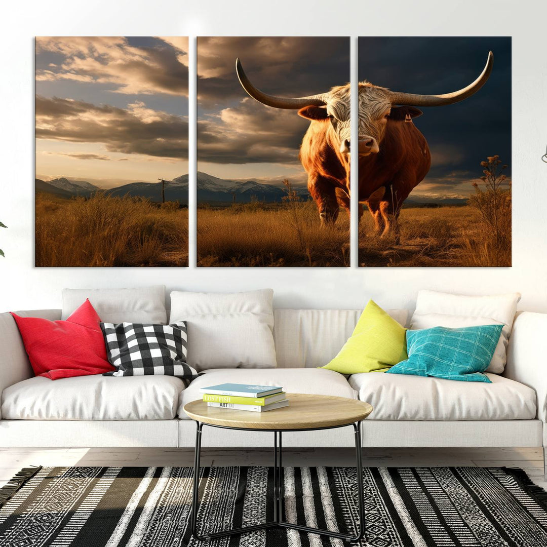 Cow Bighorn Wall Art Canvas Print, Longhorn Texas Large Cow Animal Canvas Print