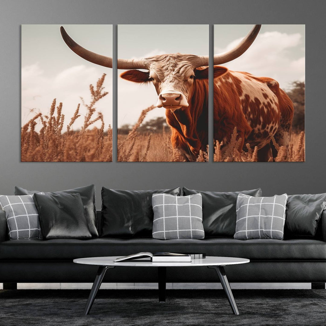 Cow Bighorn Wall Art Canvas Print, Longhorn Texas Large Cow Animal Canvas Print