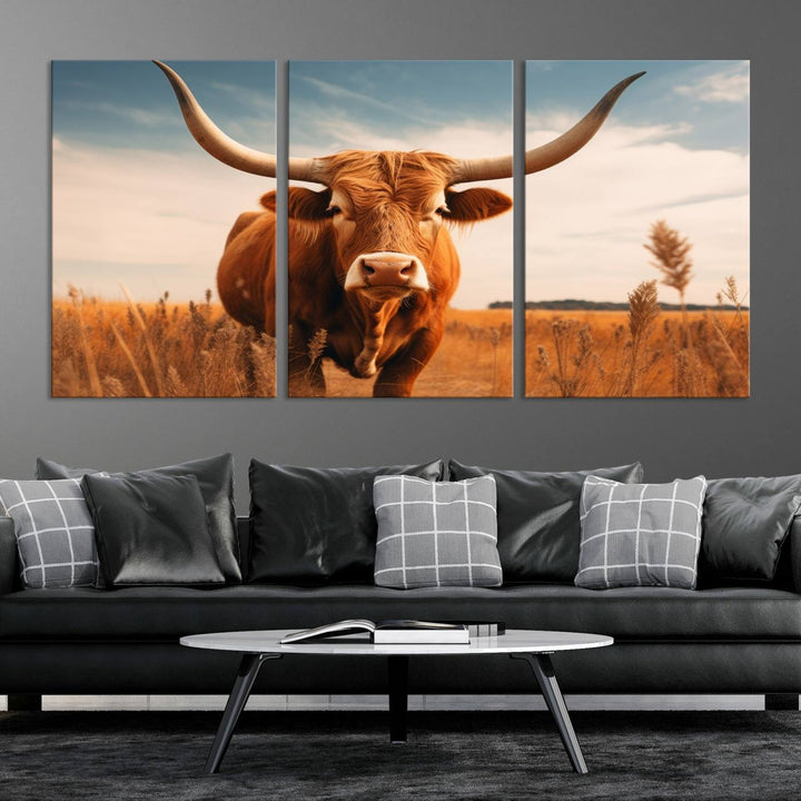 Cow Bighorn Wall Art Canvas Print, Longhorn Texas Large Cow Animal Canvas Print