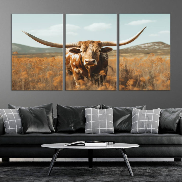 Cow Bighorn Wall Art Canvas Print, Longhorn Texas Large Cow Animal Canvas Print