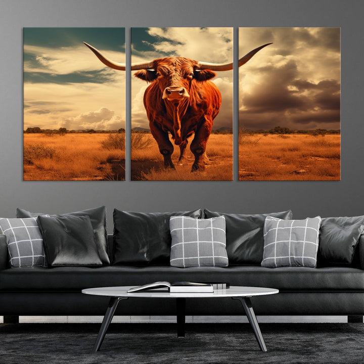 Cow Bighorn Wall Art Canvas Print, Longhorn Texas Large Cow Animal Canvas Print