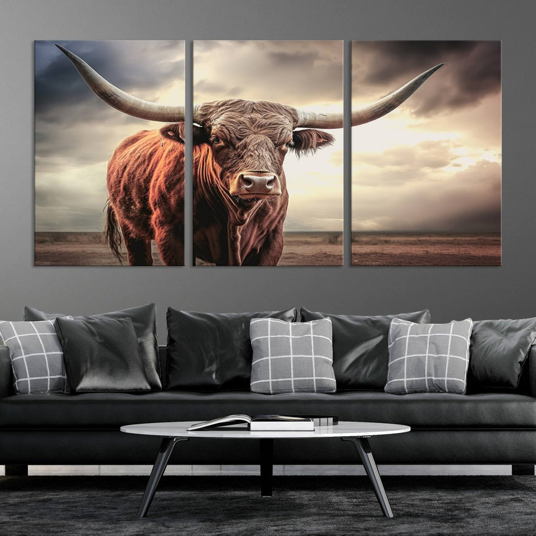 Cow Bighorn Wall Art Canvas Print, Longhorn Texas Large Cow Animal Canvas Print