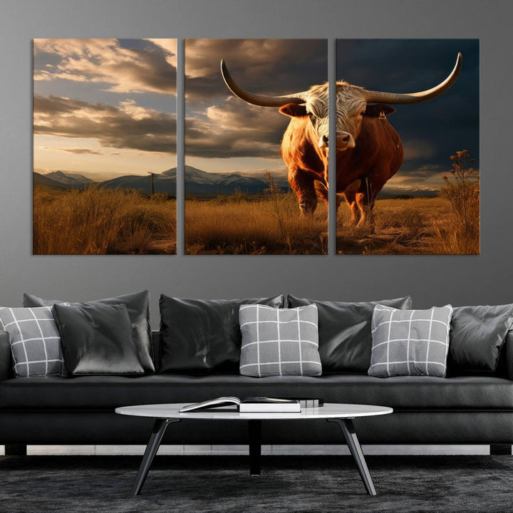 Cow Bighorn Wall Art Canvas Print, Longhorn Texas Large Cow Animal Canvas Print