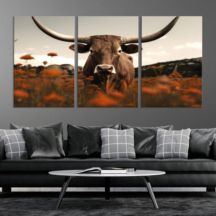 Cow Bighorn Wall Art Canvas Print, Longhorn Texas Large Cow Animal Canvas Print