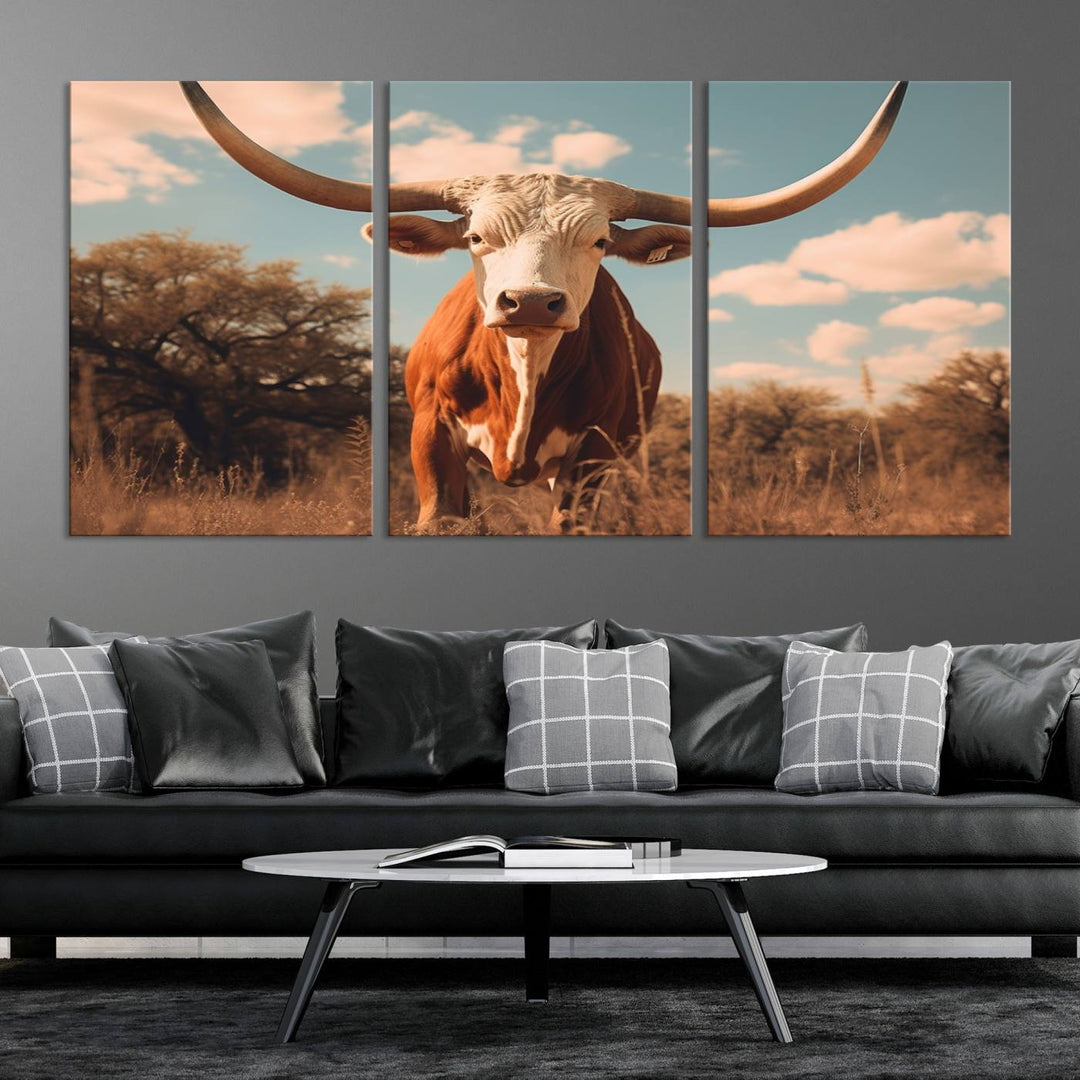 Cow Bighorn Wall Art Canvas Print, Longhorn Texas Large Cow Animal Canvas Print