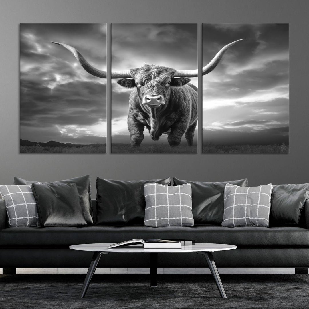 Cow Bighorn Wall Art Canvas Print, Longhorn Texas Large Cow Animal Canvas Print