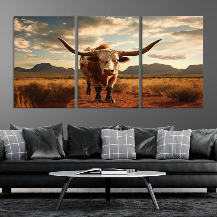 Cow Bighorn Wall Art Canvas Print, Longhorn Texas Large Cow Animal Canvas Print