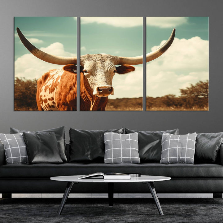 Cow Bighorn Wall Art Canvas Print, Longhorn Texas Large Cow Animal Canvas Print