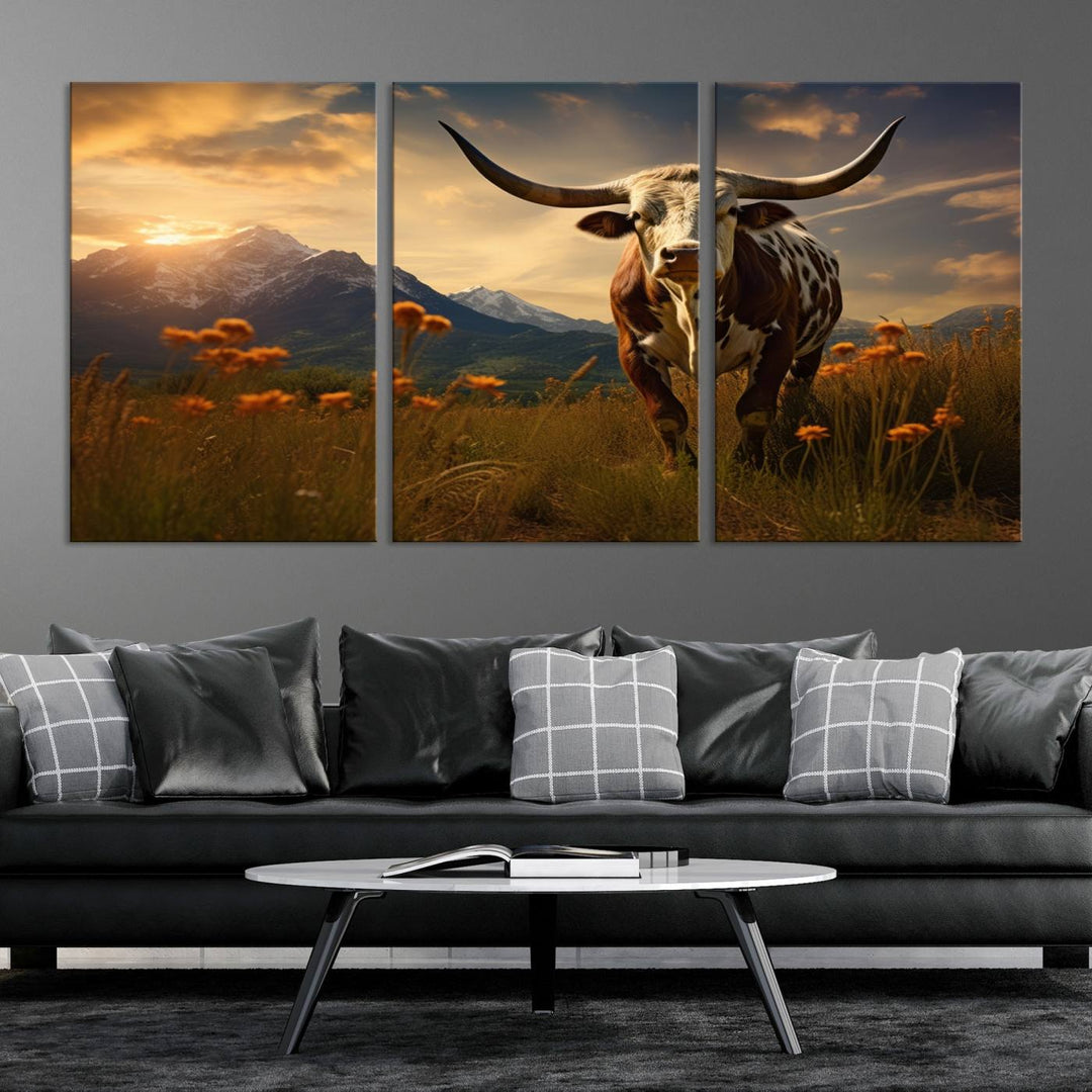 Cow Bighorn Wall Art Canvas Print, Longhorn Texas Large Cow Animal Canvas Print