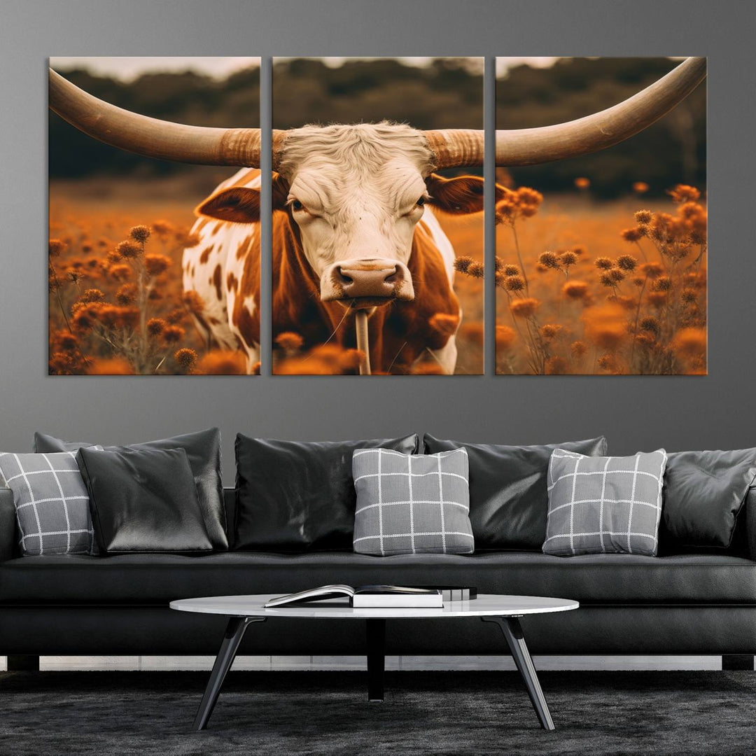 Cow Bighorn Wall Art Canvas Print, Longhorn Texas Large Cow Animal Canvas Print