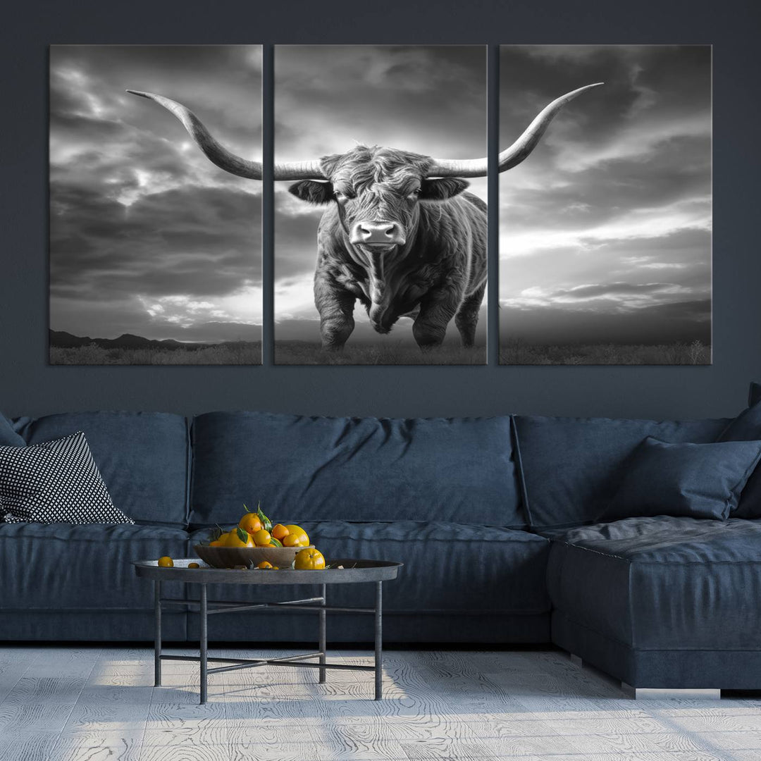 Cow Bighorn Wall Art Canvas Print, Longhorn Texas Large Cow Animal Canvas Print