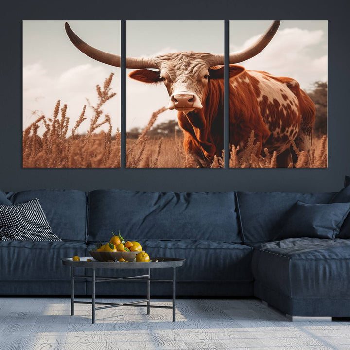 Cow Bighorn Wall Art Canvas Print, Longhorn Texas Large Cow Animal Canvas Print