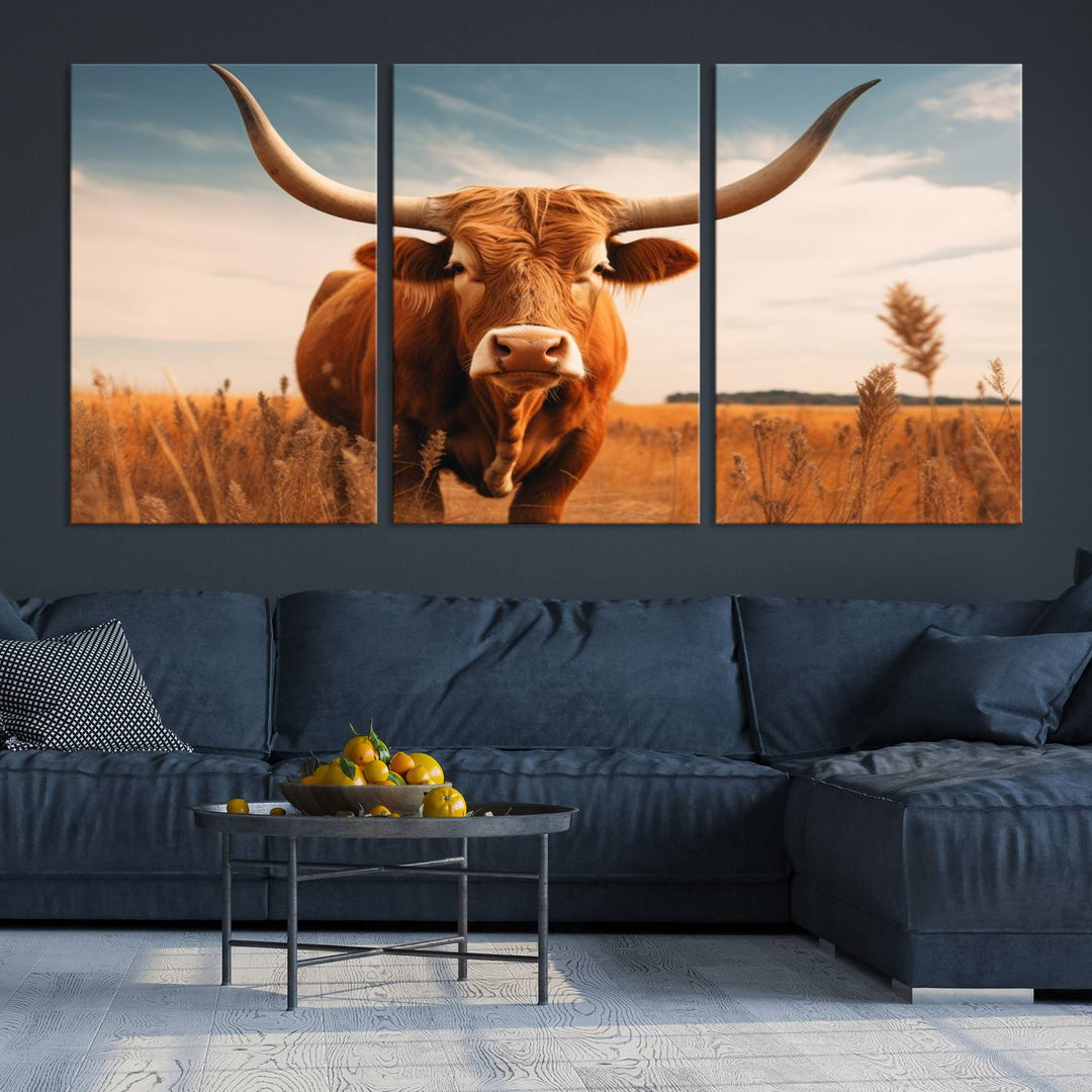 Cow Bighorn Wall Art Canvas Print, Longhorn Texas Large Cow Animal Canvas Print