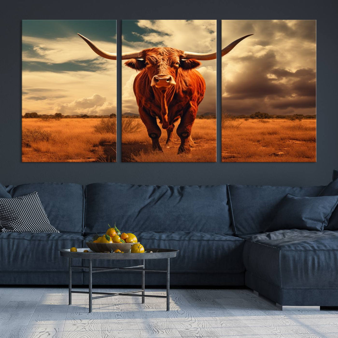 Cow Bighorn Wall Art Canvas Print, Longhorn Texas Large Cow Animal Canvas Print