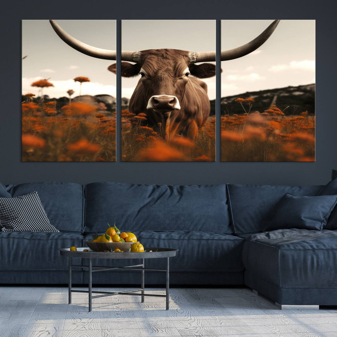 Cow Bighorn Wall Art Canvas Print, Longhorn Texas Large Cow Animal Canvas Print