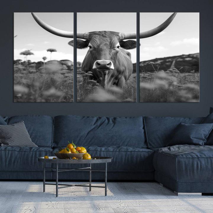 Cow Bighorn Wall Art Canvas Print, Longhorn Texas Large Cow Animal Canvas Print