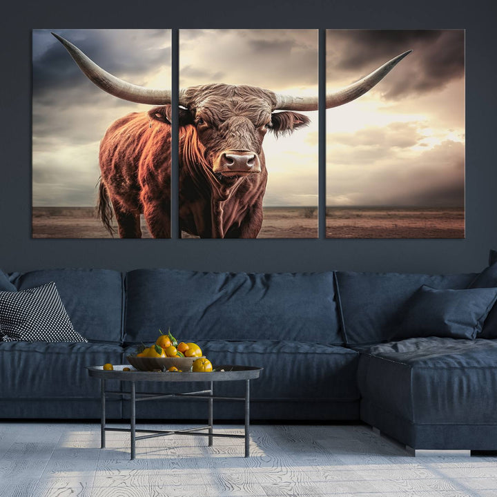 Cow Bighorn Wall Art Canvas Print, Longhorn Texas Large Cow Animal Canvas Print