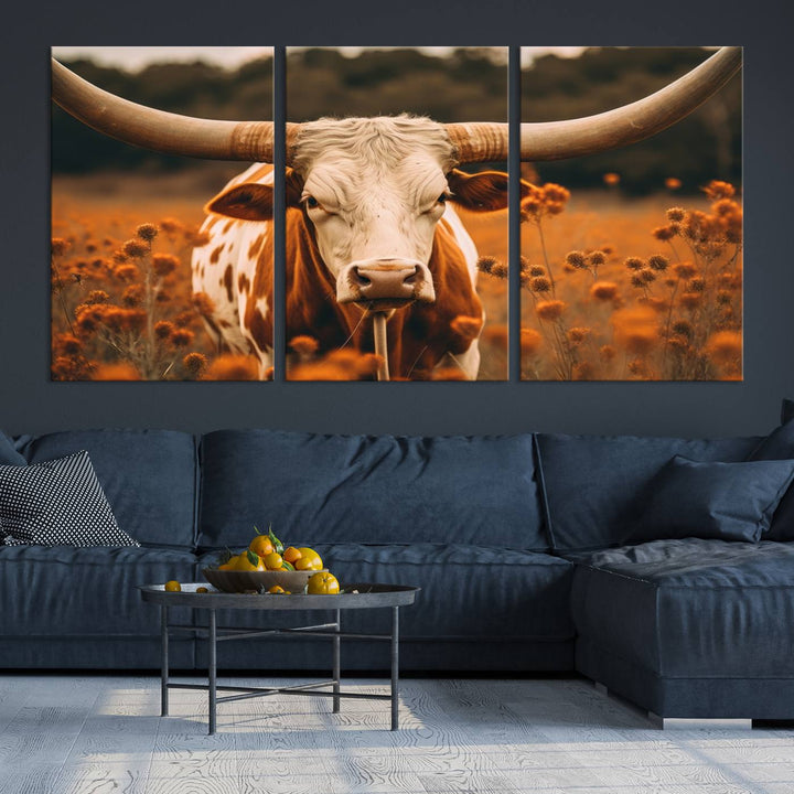 Cow Bighorn Wall Art Canvas Print, Longhorn Texas Large Cow Animal Canvas Print