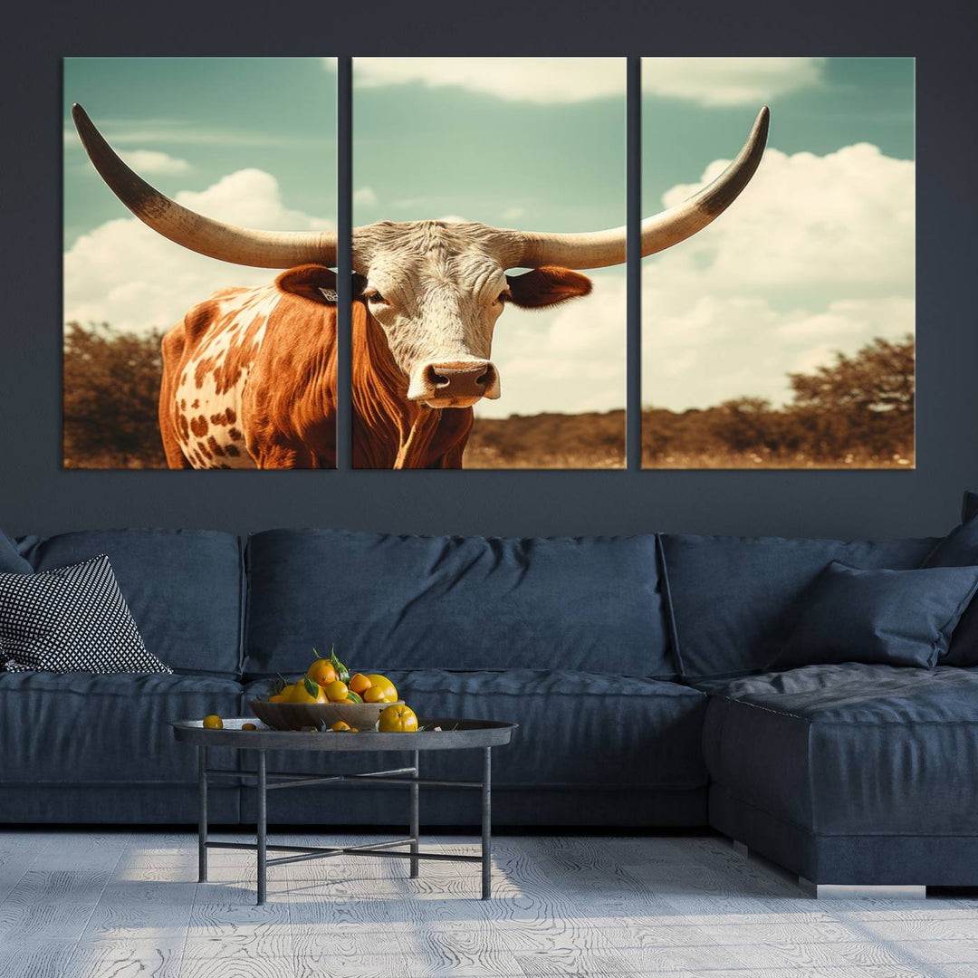 Cow Bighorn Wall Art Canvas Print, Longhorn Texas Large Cow Animal Canvas Print