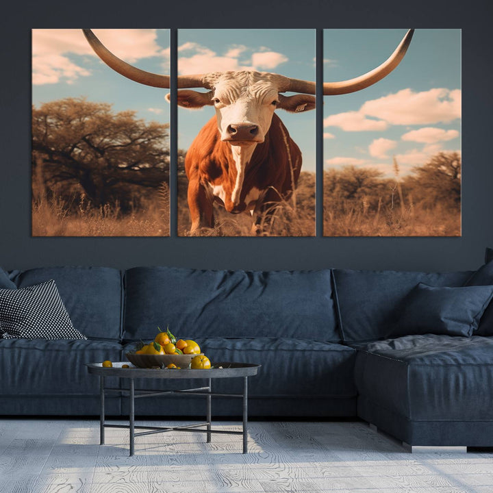 Cow Bighorn Wall Art Canvas Print, Longhorn Texas Large Cow Animal Canvas Print