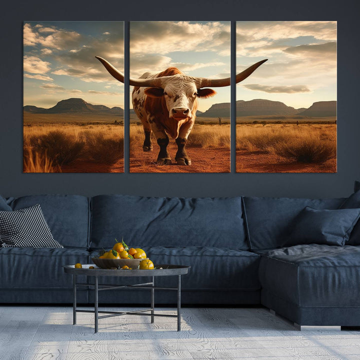 Cow Bighorn Wall Art Canvas Print, Longhorn Texas Large Cow Animal Canvas Print