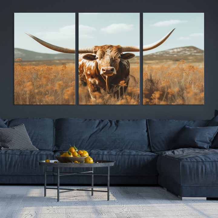 Cow Bighorn Wall Art Canvas Print, Longhorn Texas Large Cow Animal Canvas Print