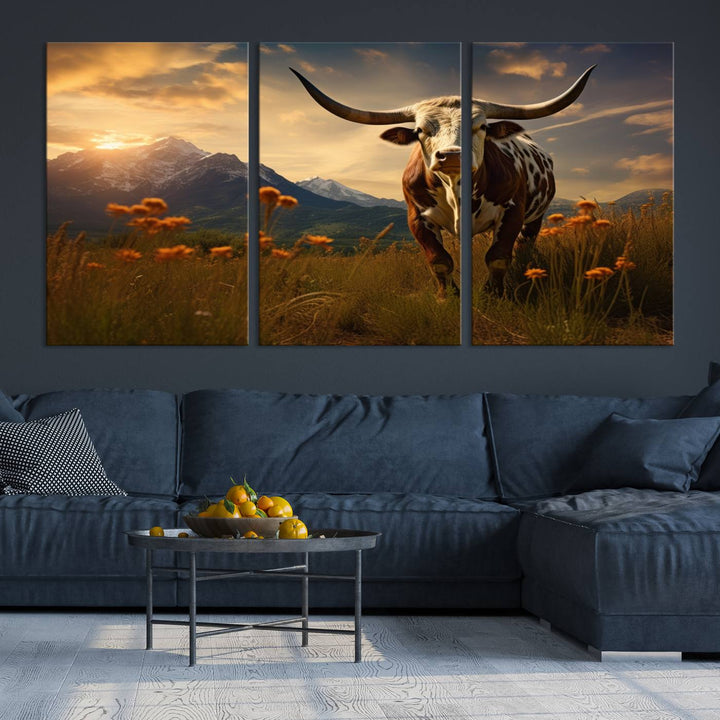 Cow Bighorn Wall Art Canvas Print, Longhorn Texas Large Cow Animal Canvas Print