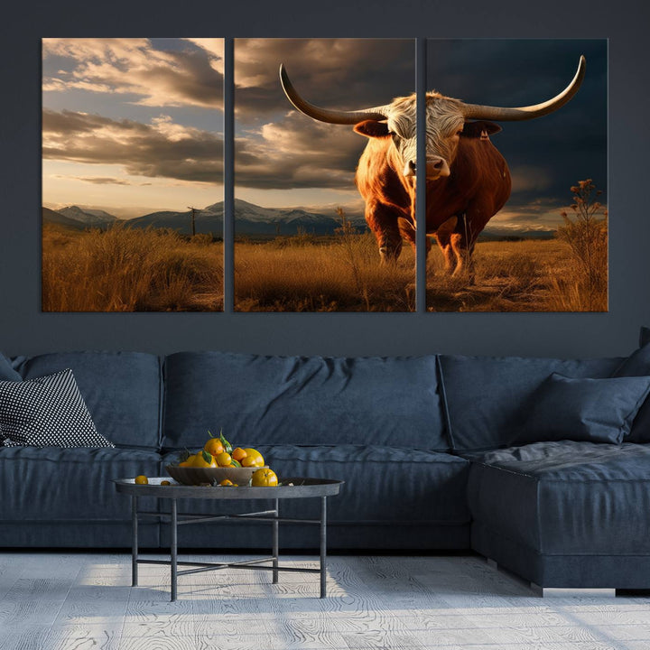 Cow Bighorn Wall Art Canvas Print, Longhorn Texas Large Cow Animal Canvas Print