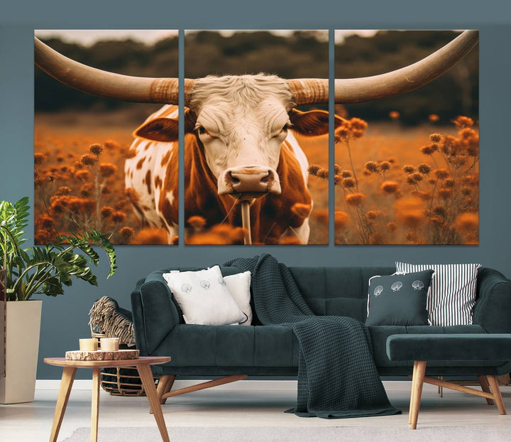 Cow Bighorn Wall Art Canvas Print, Longhorn Texas Large Cow Animal Canvas Print