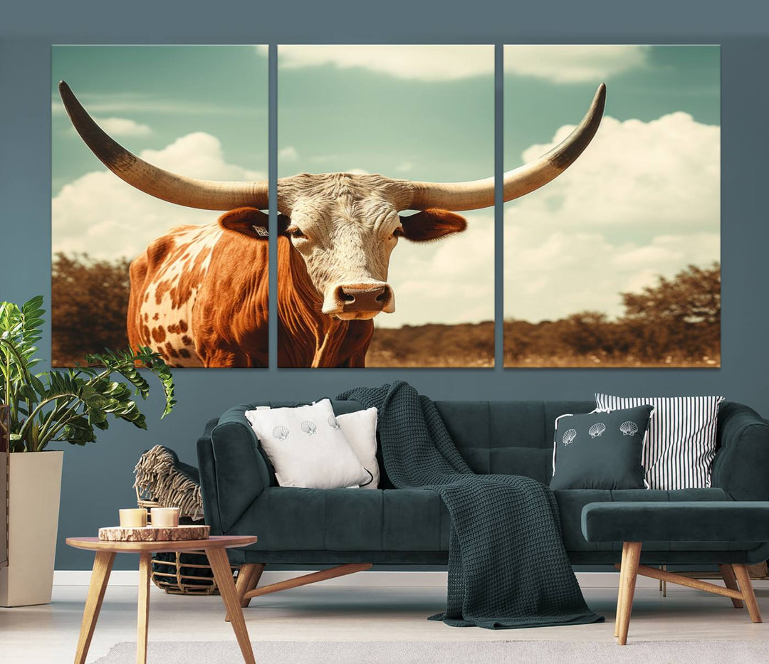 Cow Bighorn Wall Art Canvas Print, Longhorn Texas Large Cow Animal Canvas Print