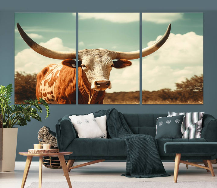 Cow Bighorn Wall Art Canvas Print, Longhorn Texas Large Cow Animal Canvas Print