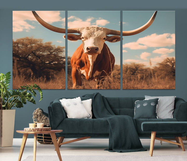 Cow Bighorn Wall Art Canvas Print, Longhorn Texas Large Cow Animal Canvas Print